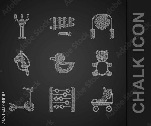 Set Rubber duck, Abacus, Roller skate, Teddy bear plush toy, scooter, Toy horse, Jump rope and Rake icon. Vector