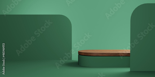 Abstract minimal scene with wooden podium and backdrop in studio lighting green background. Product presentation showcase, Mock up stage, Cosmetic product display, Podium, stage pedestal. 3d rendering