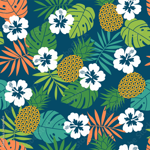 Hibiscus, pineapple and tropical leaf seamless pattern background