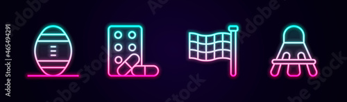Set line American Football ball, Sports doping with dumbbell, Checkered flag and Badminton shuttlecock. Glowing neon icon. Vector