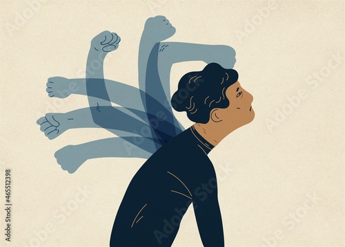 Translucent ghostly hands beating man. Concept of psychological self-flagellation, self-punishment, self-abasement, self-harm guilt feeling. Colorful vector illustration in modern flat style.