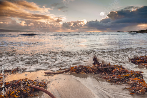 Sunset sky over Atlantic ocean. Sea weed on the sand in foreground. Cool and warm tones. muted color. Galway bay, Ireland. Irish landscape scene. Dramatic cloudy sky.