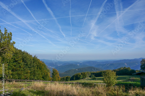 Wonderful nature panorama on Hocheck mountain in Lower Austria. Beautiful Travel hiking destination. Beautiful view with a blue sky and forest hills in the background. Travel and Holiday concept.