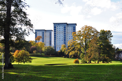 View of Modern High Rise Apartment Buildings from Wooded Public Park on Sunny Day