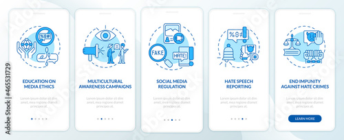Dealing with hate speech onboarding mobile app page screen. Media ethics walkthrough 5 steps graphic instructions with concepts. UI, UX, GUI vector template with linear color illustrations