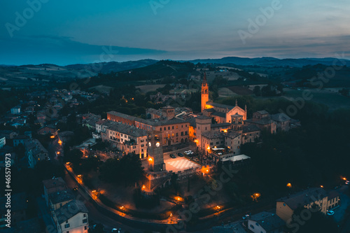 Aerial view of Castelvetro village by night. Modena Italy.