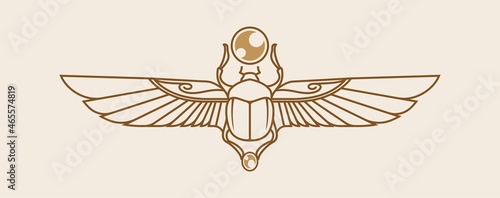 egyptian sacred Scarab wall art design. beetle with wings Vector illustration logo, personifying the god Khepri. Symbol of the ancient Egyptians