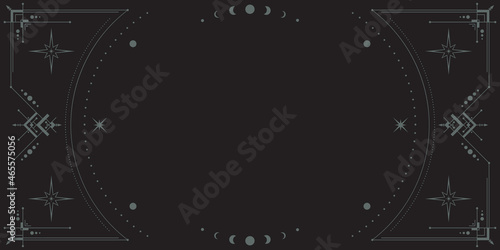 Celestial background with a copy space. Mystical poster with an ornate geometric frame, outline stars and moon phases. Magical linear banner in black color with a place for text. Esoteric backdrop