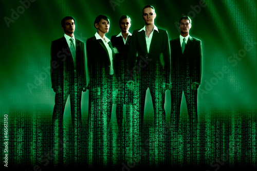 Business people with green data beams, cgi