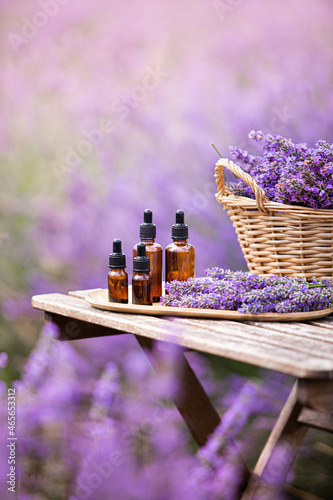 Essential lavender oil in the bottle with dropper on the gray wooden desk. Horizontal close-up.