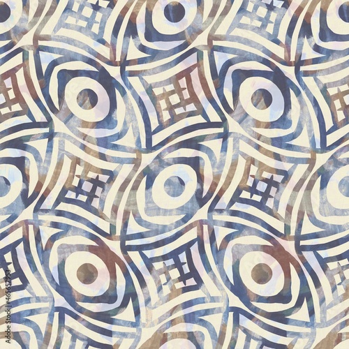 Rustic french grey geometric printed fabric. Seamless european style soft furnishing textile pattern. Batik all over digital geo print effect. Variegated blue decorative cloth. High quality raster jpg