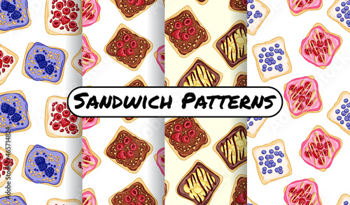 Set of toast bread sandwiches comic style seamless border patterns. Sandwiches with fruits and vegetables healthy green wallpapers. Breakfast or lunch food background texture tiles collection