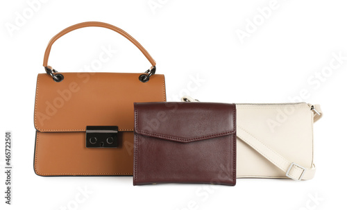 Collection of stylish women's bags on white background