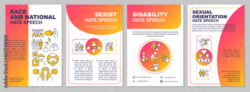 Hate speech causes brochure template. Sexism and ableism. Flyer, booklet, leaflet print, cover design with linear icons. Vector layouts for presentation, annual reports, advertisement pages