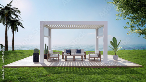 3D illustration of garden patio with white pergola next to sea