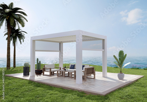 3D render of luxury outdoor patio with sea view
