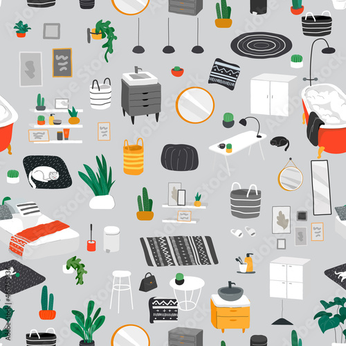 Vector seamless pattern with stylish comfy furniture and modern home decorations in trendy Scandinavian or hygge style. Cozy Interior furnished home plants for sleeping. Flat vector