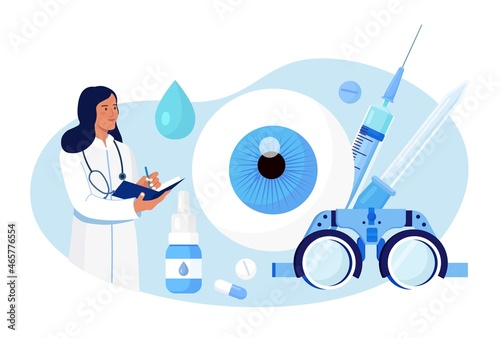 Ophthalmology medicine and optical eyesight examination. Idea of eye care and vision. Ophthalmologist doctor tests myopia. Patient sight correction, treatment with pills drops and glasses. Vector