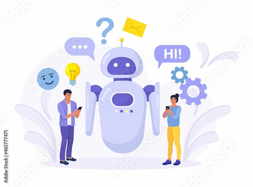 Tiny people chatting with chatbot application. AI robot assistant, online customer support. Chat bot virtual assistant via messaging Information engineering, artificial intelligence and FAQ concept.