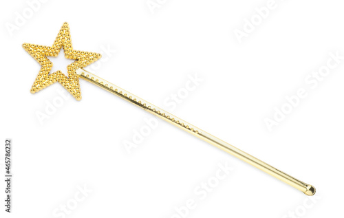 Beautiful golden magic wand isolated on white, top view