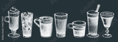 Morning coffee cups collection. Hand-sketched illustrations. Vector sketches of mugs with aromatic caffeine drinks. Popular coffee hand-drawings in vintage style. Vector beverages on chalkboard