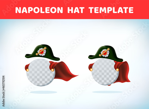 French Napoleon Bonaparte tricorn hat. Black tricorn. Masquerade costume headdress. Carnival or Halloween mask. Cartoon Vector illustration. Red cape. Cartoon template.