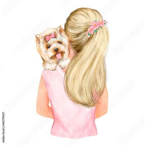 Watercolor illustration of a girl with a dog, blonde with a yorkshire terrier 