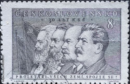 Czechoslovakia Circa 1951: A postage stamp printed in Czechoslovakia showing the portraits of the Communists: Marx, Engels, Lenin, Stalin. Czechoslovak Communist Party, 30th Anniversary