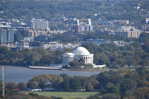 Washington, DC, USA - October 27, 2021: Aerial View of the Jefferson Memorial as Seen from Across the Potomac River in the Tallest Skyscraper in Arlington k on a Bright Fall Day