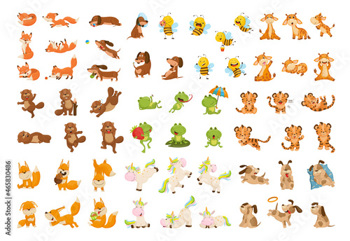 Collection of cartoon illustrations with animals performing different actions. Colorful cute characters.