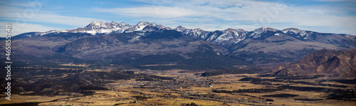 Town view of Cortez Colorado, snow mountain landscape