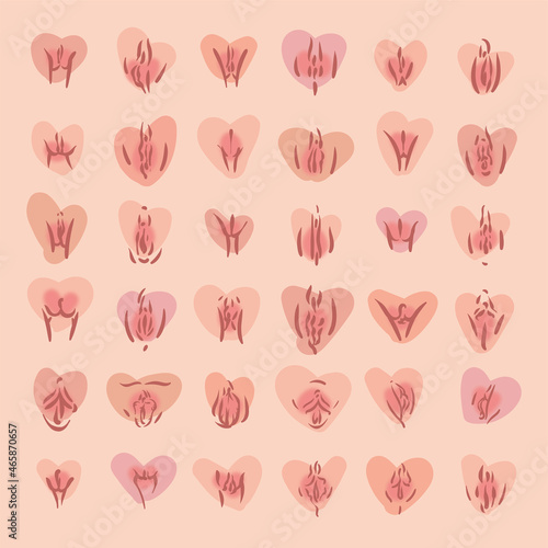 Cute pink vulva hearts pattern. Feminists symbol
