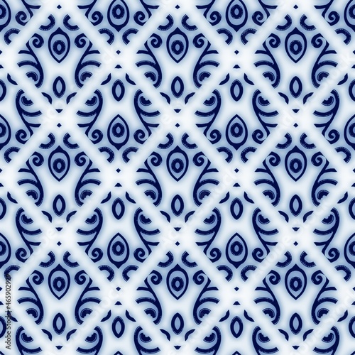Seamless blue and white ceramic tile ornate damask pattern for surface design and print. High quality illustration. Fancy swatch resembling dutch delft blue classical pottery. Trendy flourish design.