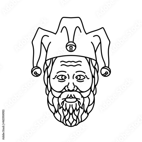 Mono line illustration of head of cross eyed old court jester or fool wearing a jester hat and beard viewed from front done in black and white monoline line art style.