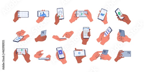 Hands holding mobile phones set. Fingers touching, tapping, scrolling smartphone screens, using applications. People handling with cellphones. Flat vector illustrations isolated on white background