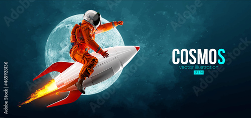 Astronaut on a rocket on the background of the moon and space. Vector illustration