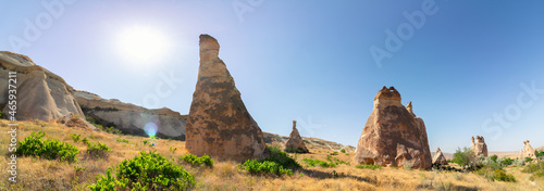 Panoramic view of Pasabagi Open Air Museum in Cappadocia Nevsehir Turkey. Fairy chimneys or peri bacalari in Goreme. Tourism in Turkey or travelling to Turkey. 