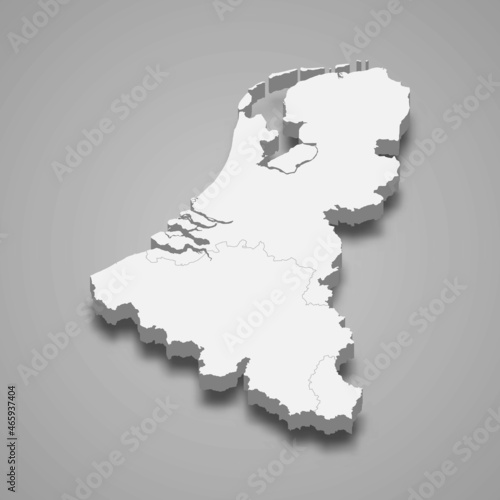 3d isometric map of Benelux region, isolated with shadow