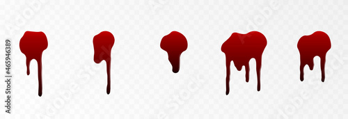 Vector set of drops of blood on an isolated transparent background. Drops, spatter of blood PNG, drips of blood PNG.