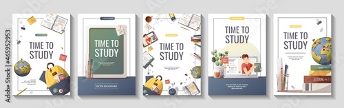 Set of flyers with study supplies for Studying, education, learning, back to school, student, stationery. A4 vector illustration for poster, banner, flyer, advertising.