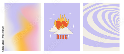 Set of posters on the theme of the 00s. Geometric abstract poster, gradient background and stylish print with a heart on fire. Glamorous vector illustration Y2k. Nostalgia for the 2000 years.