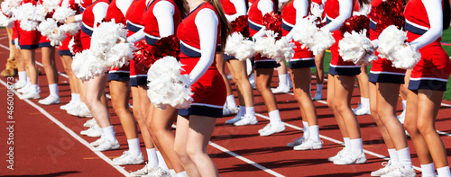 Cheerleaders cheering on the sidelines of a football game