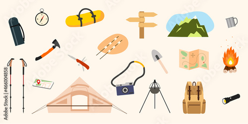 A set of items for hiking and camping. Tent, bowler hat, campfire, Nordic walking sticks, backpack, mountains, etc.