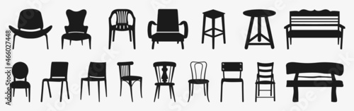 Black chair silhouettes group. Chair, table, bench & Seating icons set Vector illustration