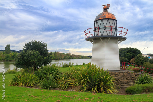 Wairoa, New Zealand. The historic Portland Island lighthouse (1878), moved to the town as a tourist attraction