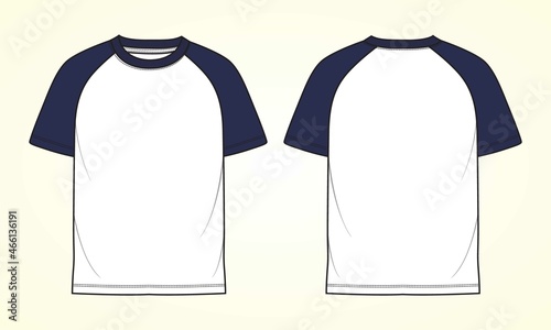 Two tone White, navy color Short sleeve Raglan T shirt technical fashion flat sketch vector Illustration template front, back views isolated Off white Background. Basic apparel Design Mock up CAD.