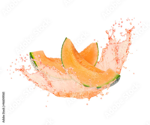 Cantaloupe melon with juice splash isolated on white background.