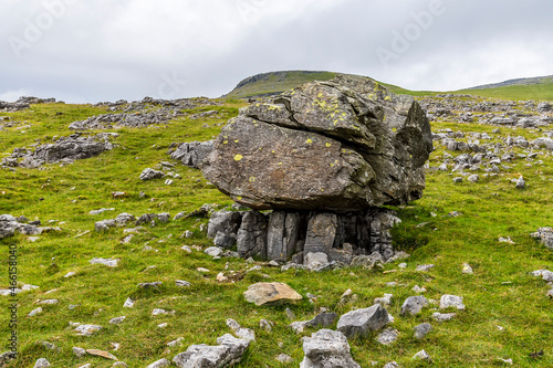 A view of a glacial erratic on limestones supports on the southern slopes of Ingleborough, Yorkshire, UK in summertime