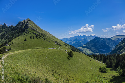 Picturesque views of the Alps from the pass Col de Jaman. The Col de Jaman (1,512 m) -a mountain pass in the western Swiss Alps. Canton of Vaud, Switzerland.