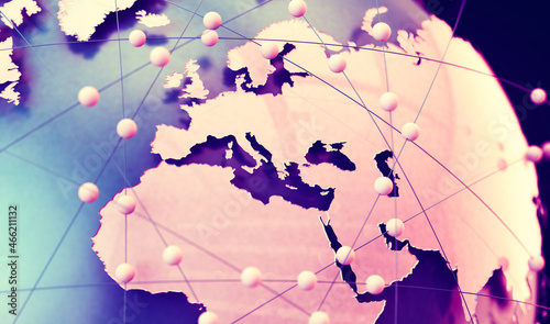 Telecomunicaciones globales y computación en la nube. Ilustración 3d del concepto de red e internet y mapa mundial.